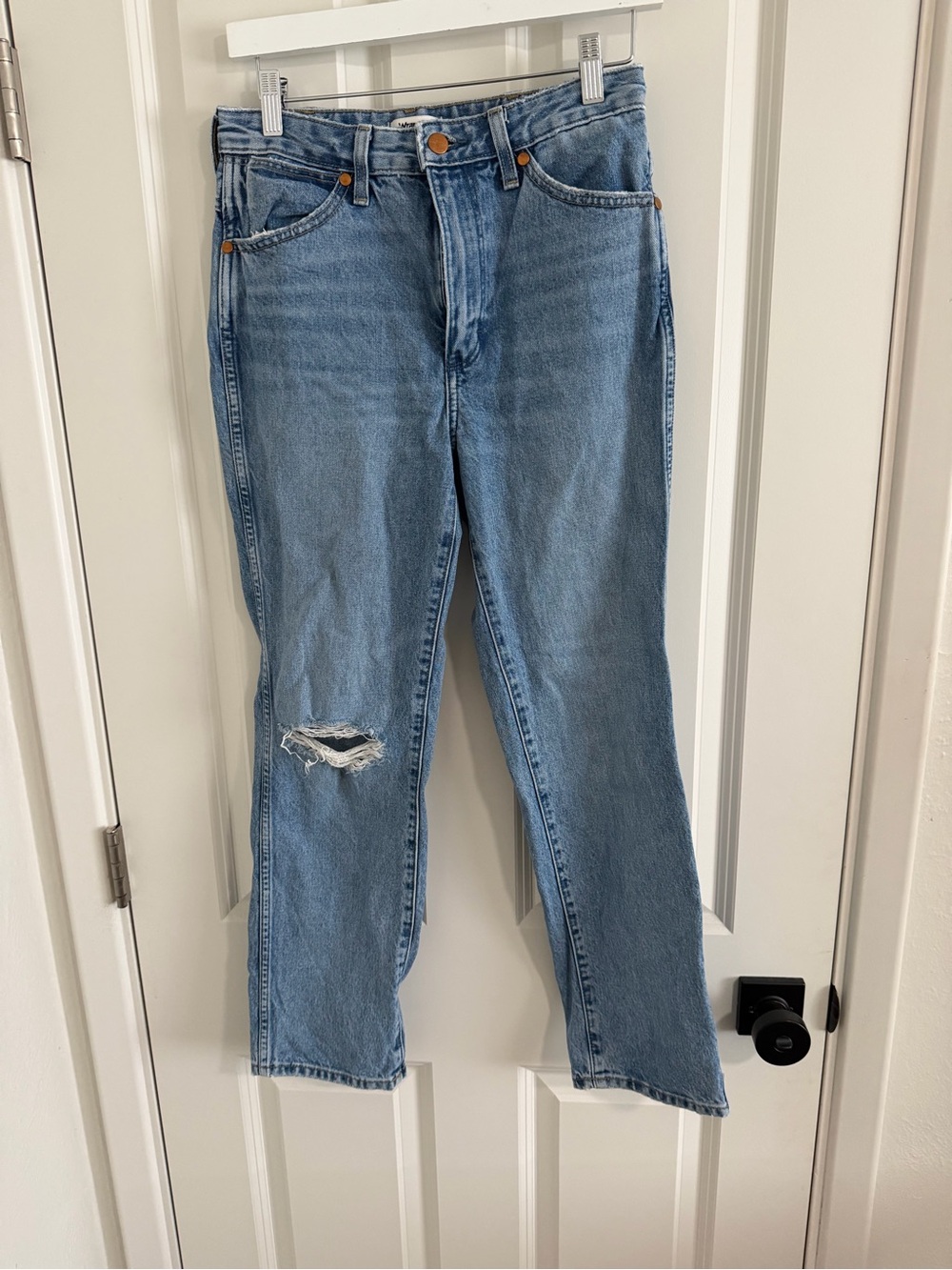 Wrangler Light Blue Straight-Leg Distressed Jeans